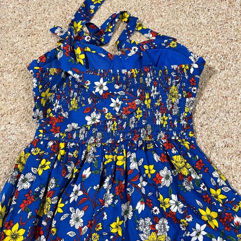 NWT B.O.G. Collective Blue Floral Bustier Mini Dress Tie Strap Smocked Back S